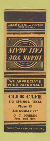 Matchbook Cover - Club Cafe Big Springs TX low phone # Spring?