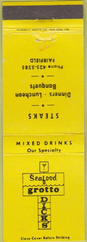 Matchbook Cover - Seafood Grotto Dick's Fairfield CA yellow