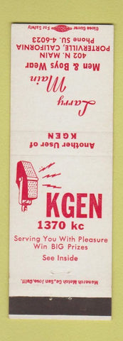 Matchbook Cover - KGEN Radio Porterville CA Larry Main Men's Clothes
