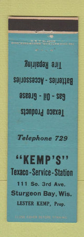 Matchbook Cover - Kemp's Texaco oil gas Sturgeon Bay WI low phone #