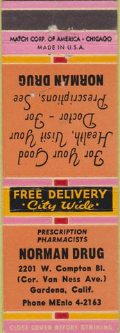 Matchbook Cover - Norman Drug Gardena CA