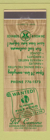 Matchbook Cover - Texaco oil gas Del Camino Rsetaurant Longmont Colorado