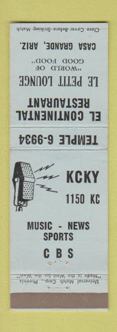 Matchbook Cover - KCKY Radio CBS El Continental Restaurant Casa Grande AZ