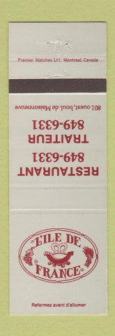 Matchbook Cover - L'Ile De France Restaurant Quebec QC