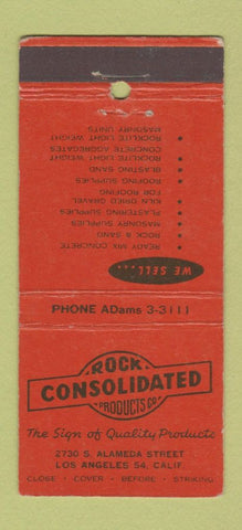 Matchbook Cover - Rock Consolidated Products Los Angeles CA 30 Stick