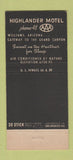 Matchbook Cover - Highlander Motel  Williams AZ low phone # Route 66 30 Stick
