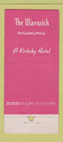 Matchbook Cover - The Warwick Hotel Philadelphia PA Kirkeby 30 Stick