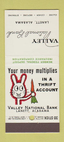 Matchbook Cover - Valley National Bank Lanett AL rabbit 30 Stick