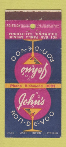 Matchbook Cover - John's Ron De Voo Richmond CA 30 Stick