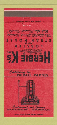 Matchbook Cover - Herbie K's Lobster Steak House Alexandria LA 30 Strike