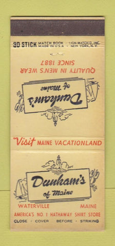 Matchbook Cover - Dunham's Waterville ME Men's Clothes WORN 30 Stick