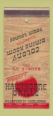 Matchbook Cover - Anthony's Hawthorne Grill Lynn MA 30 Stick