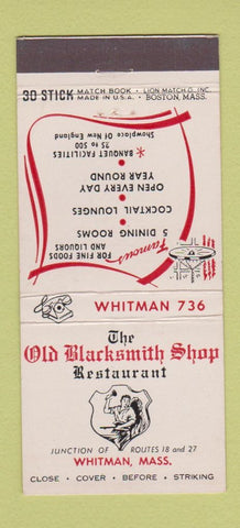 Matchbook Cover - Old Blacksmith Shop Restaurant Whitman MA 30 Stick