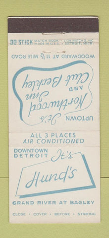 Matchbook Cover Hund's Restaurant Detroit MI Northwood Inn Club Berkley 30 Stick