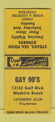 Matchbook Cover - Gay 90's Restaurant Maderia Beach FL BOBTAIL