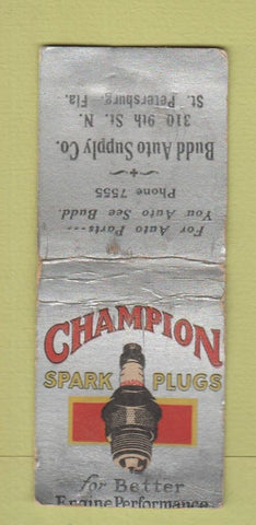 Matchbook Cover - Champion Spark Plugs Budd Parts St Petersburg FL WORN BOBTAIL