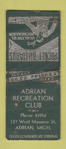 Matchbook Cover - Adrian Recreation MI billiards  POOR BOBTAIL