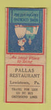 Matchbook Cover - Pallas Restaurant Lewiston PA  BOBTAIL