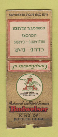 Matchbook Cover - Budweiser Beer Club Bar Billiards Cordova AK WEAR BOBTAIL