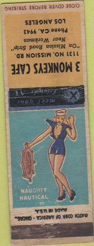 Matchbook Cover - 3 Monkeys Cafe Los Angeles CA pinup WORN