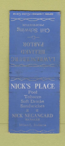 Matchbook Cover - Nick's Place Lawrenceburg Billiards Miland IN BOBTAIL
