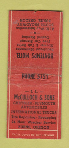 Matchbook Cover McCulloch Chrysler Plymouth Burns OR Bontemps Motel WORN BOBTAIL