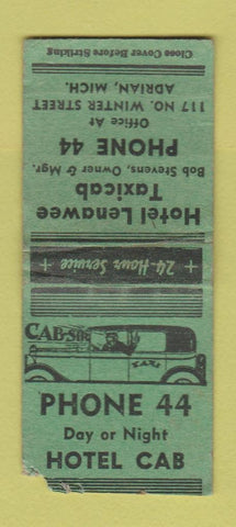 Matchbook Cover - Hotel Lenawee Taxi Cab Adrian MI low phone # WORN BOBTAIL