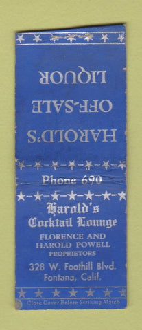Matchbook Cover - Harold's Cocktail Lounge Fontana CA low phone # BOBTAIL