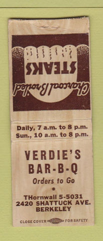 Matchbook Cover - Verdie's BBQ Berkeley CA BOBTAIL