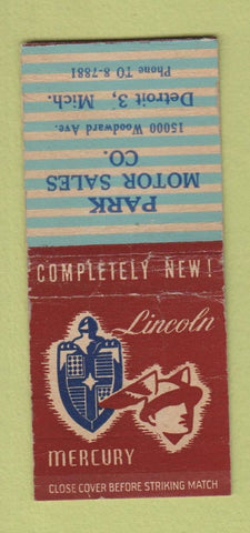 Matchbook Cover - Lincoln Mercury Park Motors Detroit MI WEAR BOBTAIL