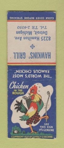 Matchbook Cover - Hawkins' Grill Detroit MI Chicken in the Rough BOBTAIL