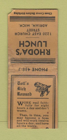 Matchbook Cover - Rhoda's Lunch Adrian MI POOR BOBTAIL
