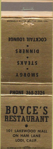 Matchbook Cover - Boyce's Restaurant Lodi CA