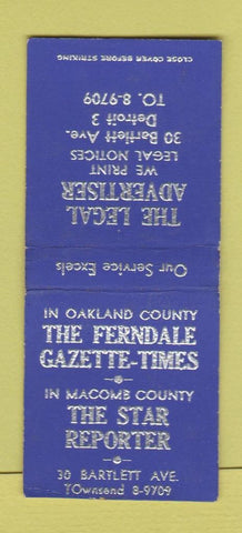Matchbook Cover - Legal Advertiser Detroit MI Ferndale Gazette Star BOBTAIL