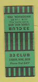 Matchbook Cover - 33 Club Anderson IN WEAR BOBTAIL
