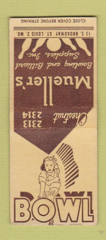 Matchbook Cover - Mueller's Bowling Billiard Supply girlie BOBTAIL
