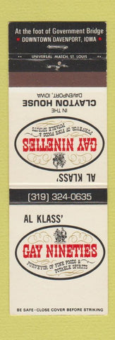 Matchbook Cover - Al Klass' Gay Nineties Davenport IA