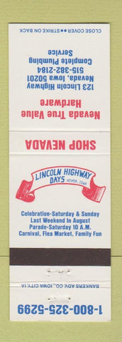 Matchbook Cover - True Value Hardware Nevada IA Lincoln Highway Days