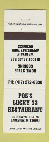 Matchbook Cover - Poe's Lucky 13 Restaurant Lakeview MO