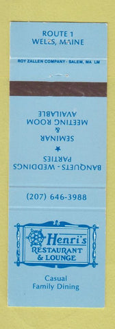 Matchbook Cover - Henri's Restaurant Lounge Wells ME