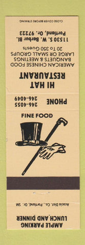Matchbook Cover - Hi Hat Restaurant Portland OR