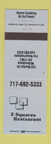 Matchbook Cover - 3 Square Restaurant Millersburg PA