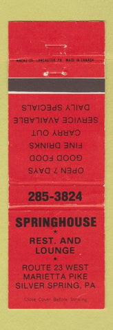 Matchbook Cover - Springhouse Restaurant Lounge Silver Springs PA