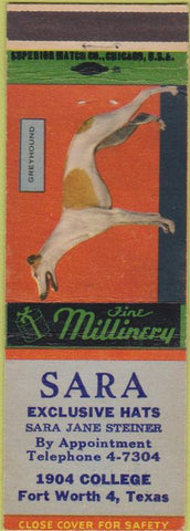Matchbook Cover - Sara Hats Fort Worth TX Greyhound