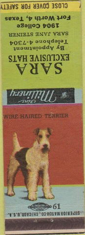Matchbook Cover - Sara Hats Fort Worth TX Wire Haired Terrier girlie