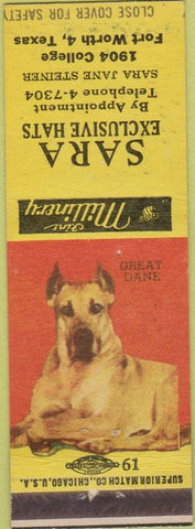 Matchbook Cover - Sara Hats Fort Worth TX Great Dane girlie