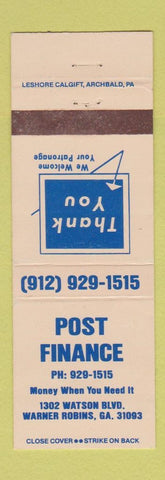 Matchbook Cover - Post Finance Warner Robins GA
