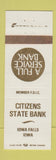 Matchbook Cover - Citizens State Bank Iowa Falls IA WEAR