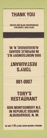Matchbook Cover - Tory's Restaurant Albuquerque NM WEAR