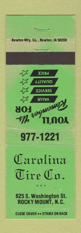 Matchbook Cover - Carolina Tire Company Rocky Mount NC GREEN WEAR